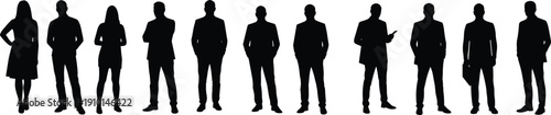 Businesspeople silhouettes, professional group, standing in line, formal attire, corporate team, men and women, business suits, teamwork concept