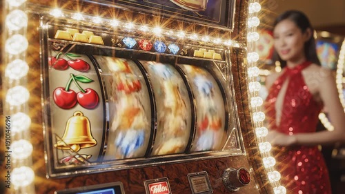 Slot machine with woman in red dress
