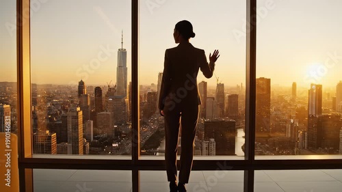 Person in modern office overlooking city skyline