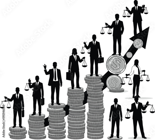 Businesspeople standing on coin stacks with justice scales, symbolizing economic growth, financial success, leadership, investment, fairness, and wealth management concepts