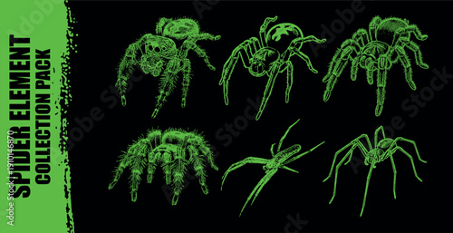 Vector green spider sketches collection pack on a black background illustration. neo spider streetwear element