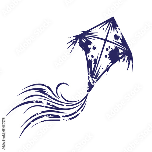 Grunge texture grungy blue kite flying in the air with long tail streamers  recreational outdoor toy Vintage Style