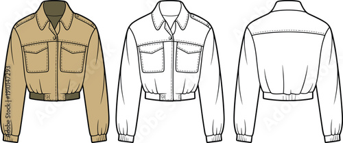 CAD drawing flat vector illustration of cropped bomber jacket with patch pockets, stand collar, ribbed cuffs, technical front and back view