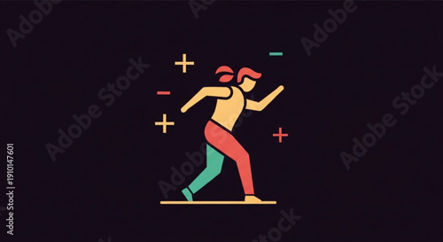 Woman jogging or running in a dynamic pose with colorful plus signs around her on a dark background conveying energy and movement