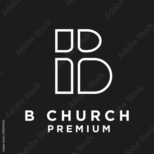B Church Premium logo design featuring a stylized white letter B icon on a black background, representing religious organization branding and modern spirituality.