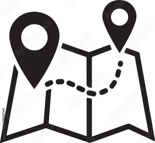 Folded map with location pins and route line navigation icon vector illustration