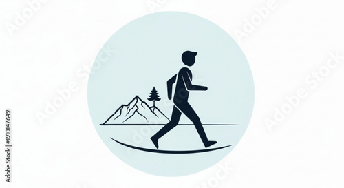 Man jogging with backpack on trail with mountains and tree landscape