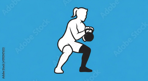 Woman performing a kettlebell squat exercise with a blue background