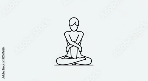 Person sitting in meditation with crossed arms and legs in a simple line art style on a plain background