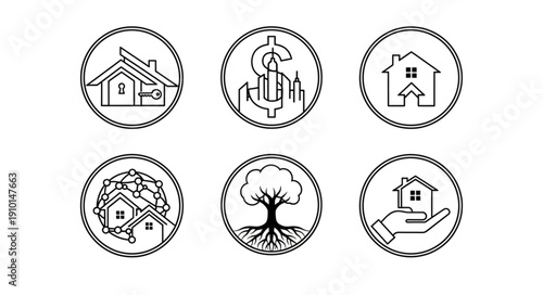 Collection of six circular real estate icons with line art drawings.