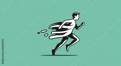 Man in a cape running fast on a green background with motion lines symbolizing speed and urgency in a dynamic illustration