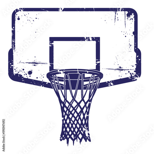 Grunge texture grungy illustration of a basketball hoop and backboard in dark blue on white background  sports equipment Vintage Style