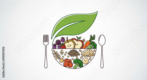Colorful bowl of mixed healthy food with leaf fork and spoon symbolizing nutrition and diet