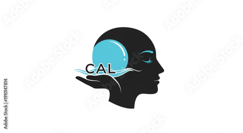Serene human head silhouette with calming blue orb and hand symbolizing peace and tranquility in a simple modern design