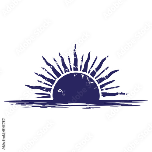 Grunge texture grungy navy blue sun rising over water with rays extending outwards in distressed style on white background Vintage Style