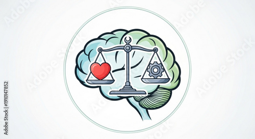 Brain illustration balancing heart and logic on scales symbolizing emotional and rational thought in harmony representing mental balance and decision making process