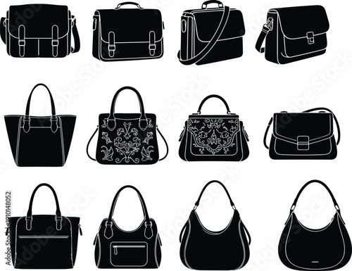 Black silhouette handbag collection set featuring tote, shoulder, crossbody and satchel bags isolated on white background vector illustration
