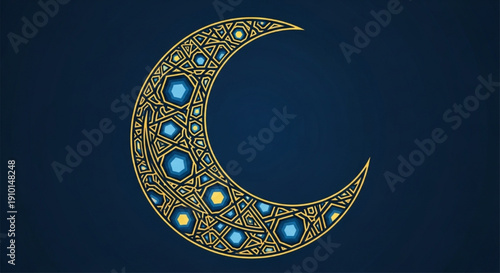 Golden ornate crescent moon on dark blue