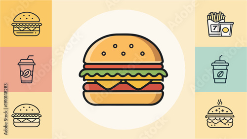 Artistic vector drawing of a hamburger, flat icon style on a white background