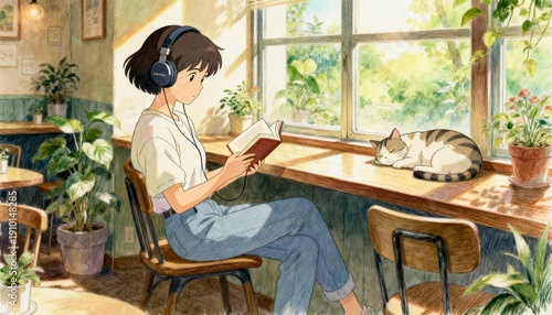 Anime girl reading a book in a cozy cafe with a sleeping cat
