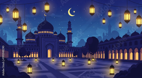 Grand mosque courtyard with festive lights.
