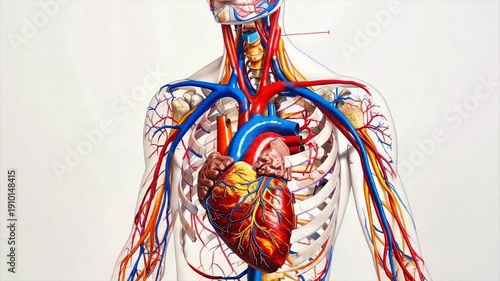 Detailed anatomical illustration depicts human cardiovascular system, highlighting heart, vessels, and ribcage