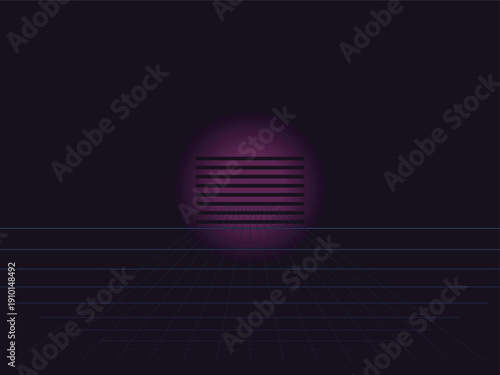 Neon-cyberpunk futuristic glow horizontal striped bars with vibrant purple and pink gradient lighting in sleek digital vector design for tech backgrounds