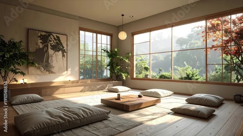 Interior of a tranquil room with large windows, tatami, pillows, plants, and art