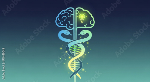 Genetic brain evolution concept with dna helix and snakes on gradient background representing science and medicine