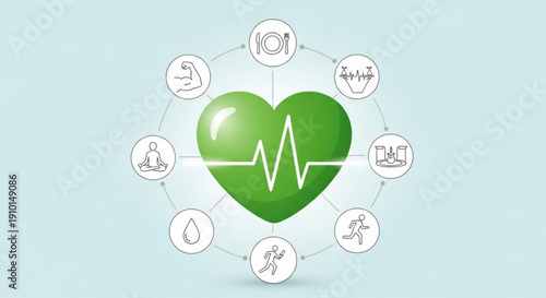 Green heart with ecg line and health icons on light blue background for wellness and medical concepts