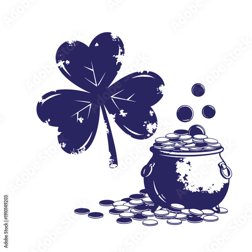 Grunge texture St Patricks Day concept with blue four leaf clover and pot of gold coins on white background  symbol of good luck and wealth Vintage Style