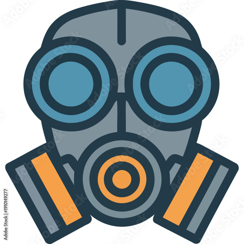 Front-facing cartoon gas mask icon illustration displayed on a plain white background, viewed straight on for digital design use