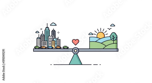 Balancing cityscape with nature on a seesaw with a heart symbol representing harmony between urban and natural environments