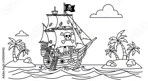 Pirate Ship Sailing on Ocean with Tropical Islands and Skull Flag