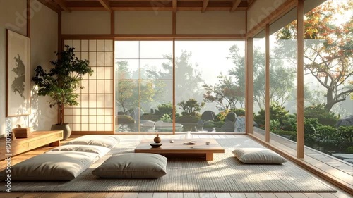 Tranquil Japanese interior with tatami mats, a garden view, and traditional elements