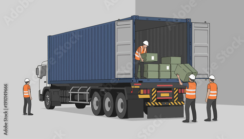 Workers in safety gear loading cargo boxes into a large blue shipping container truck at a loading dock.