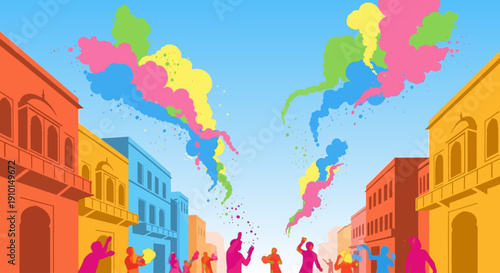 Traditional Indian Holi Festival Street Scene Flat Vector Illustration