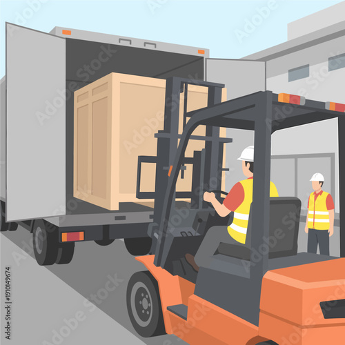 A forklift operator loads a large wooden crate into the back of a delivery truck at a loading dock.