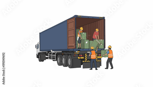 Workers loading and unloading boxes from a large semi-trailer truck.