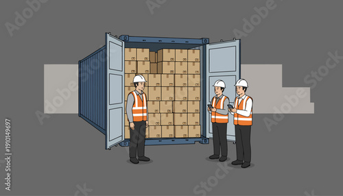 Three workers in safety gear inspecting stacked boxes inside a shipping container, illustrating logistics and cargo management.