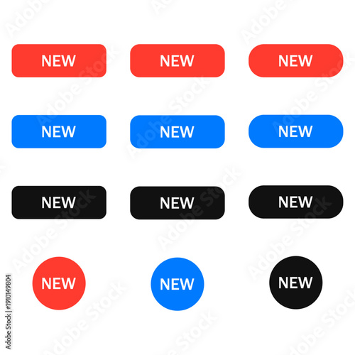 赤・青・黒の3色で構成された「NEW」の文字入りラベルとボタンのアイコンセット
