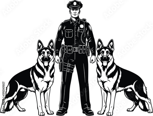 Police officer standing with two German Shepherd dogs black and white silhouette vector illustration security law enforcement concept