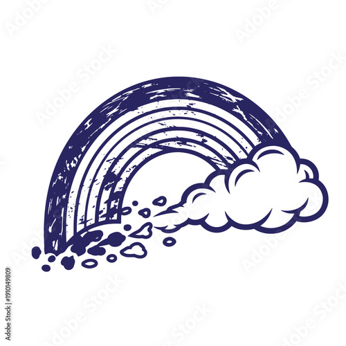 Grunge texture Vibrant purple rainbow with white cloud and raindrops on white background Vintage Style