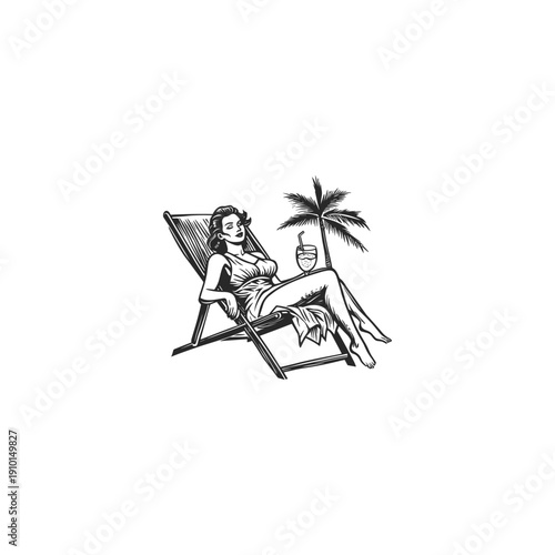 Retro vintage black and white illustration of a woman relaxing on a deck chair under a palm tree with a tropical drink.