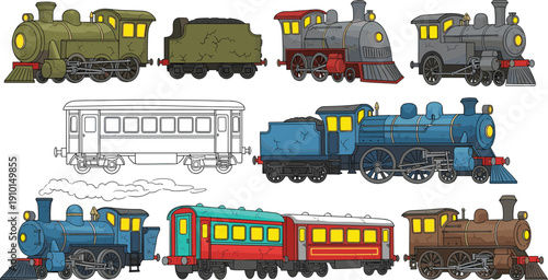 Vintage steam locomotive train vector set with retro railway engines and carriages, classic transportation collection isolated detailed illustration pack