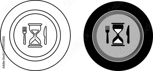 Intermittent fasting icon. Plate with hourglass and cutlery. Minimalist linear style