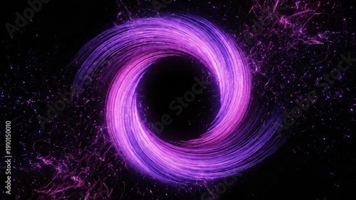 Abstract glowing purple and pink light vortex swirling on a dark background