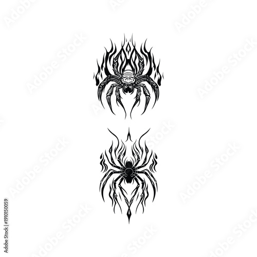 Vintage hand drawn spider illustration with tribal or flame details, gold arachnid symbol isolated