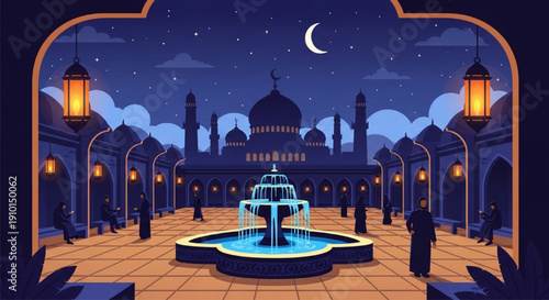 Mosque courtyard with fountain and people.