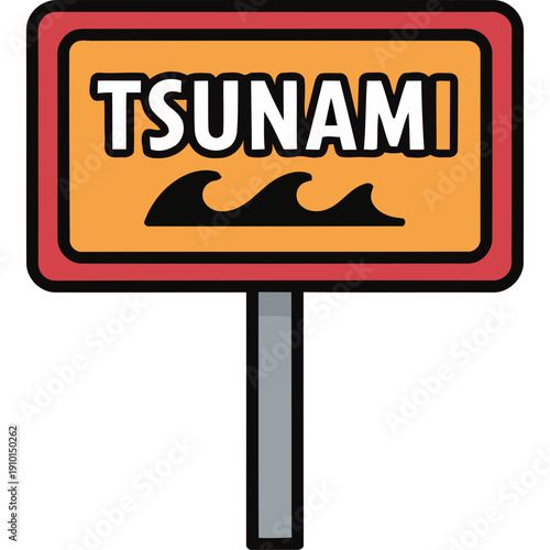 Close-up view of a warning sign displaying the word TSUNAMI with a wave silhouette, mounted on a pole against a white background
